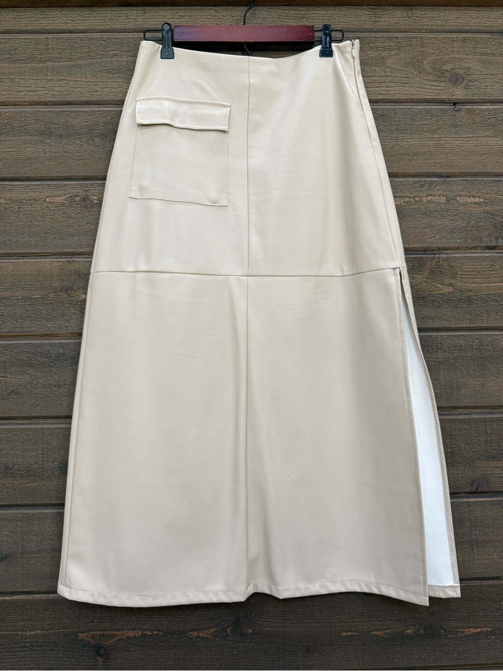 Cream Faux-Leather A-Line Midi Skirt with Side Vent